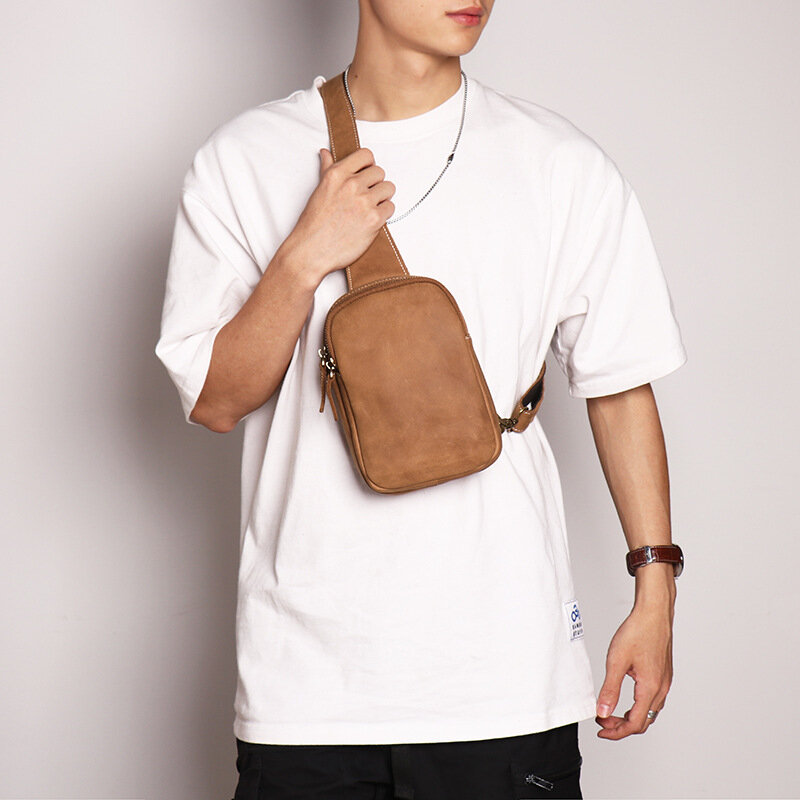 Leathfocus masculino pacote de peito bolsa de ombro couro genuíno casual diário mini saco de telefone design de luxo retro saco de peito