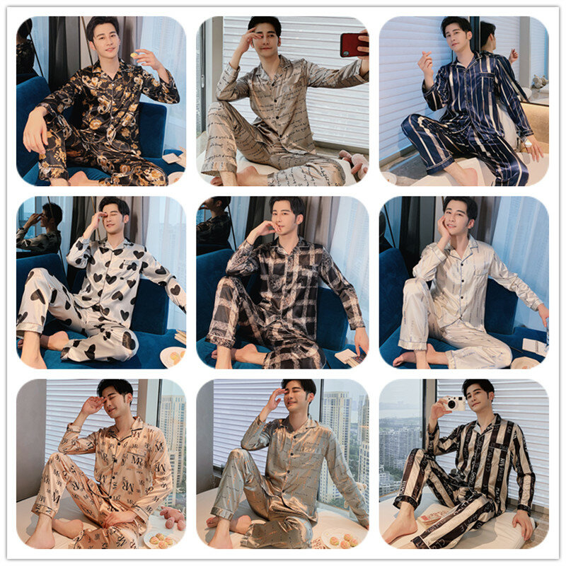 Spring Silk Pyjama Set Men Sleepwear Satin Pajamas Autumn Home Suit Printed Lounge Pants Nightgown Sleep Clothes Plus Size XXXL