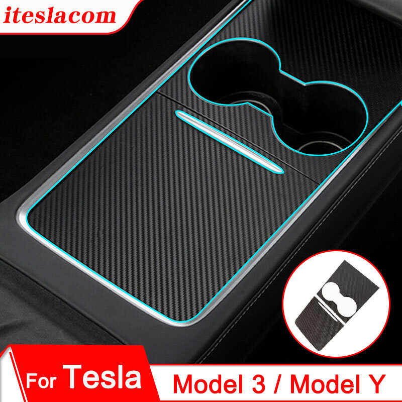 Stiker Panel Konsol Tengah Mobil ABS Serat Karbon untuk Model Tesla 3 / Model Y 2021 Aksesori Model3 Stiker Perlindungan CPU