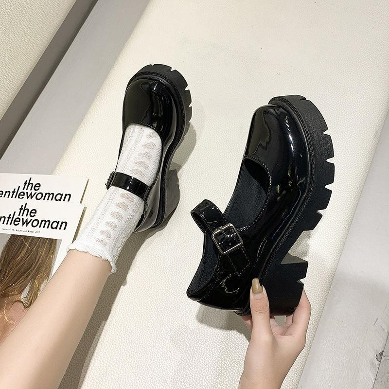 منصة سوداء عالية الكعب لوليتا أحذية الموضة جولة تو ماري جين المرأة براءات الاختراع والجلود طالب تأثيري الأحذية
