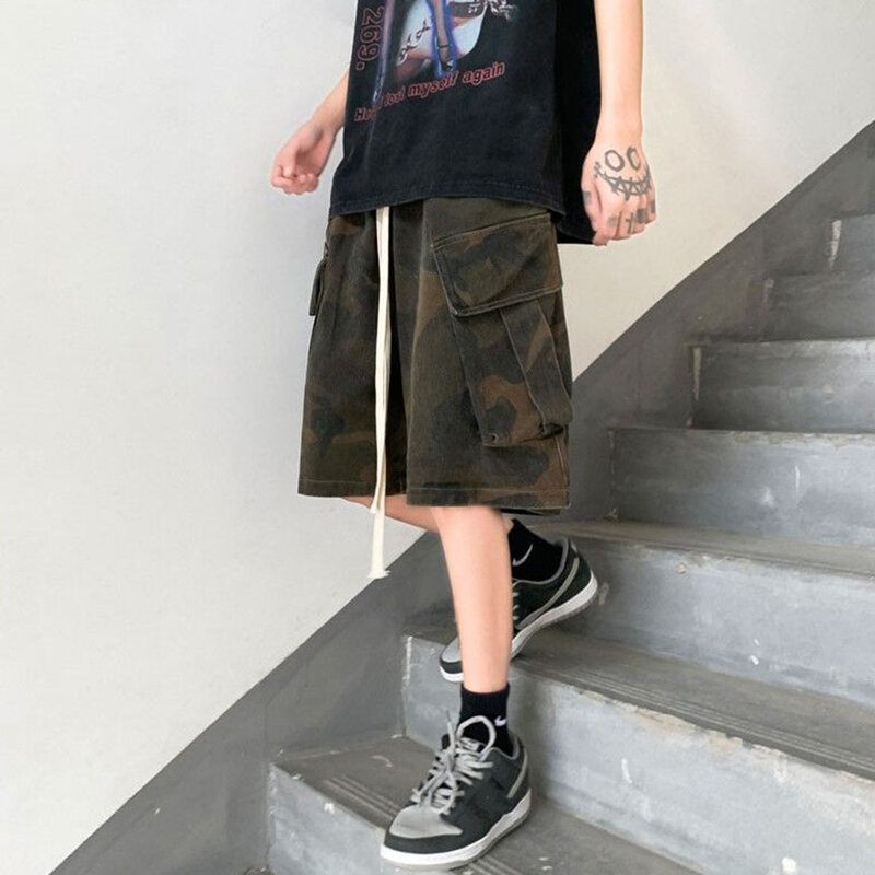 Брюки мужские потертые в стиле хип-хоп, повседневные камуфляжные укороченные штаны в стиле потертый, с эластичным поясом, лето
