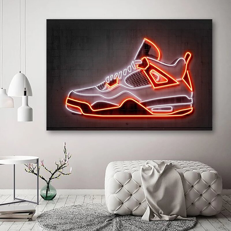 ネオンサインスニーカーの靴のキャンバス上の壁の芸術ポスターやプリントファッションスポーツ靴の写真少年の部屋のための家の装飾
