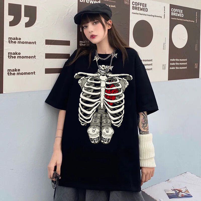 Hip Hop T Shirt Women Funny Skull Picture Retro Female T-Shirt Streetwear Tops Harajuku Tshirt Oversized Summer Black White Tops