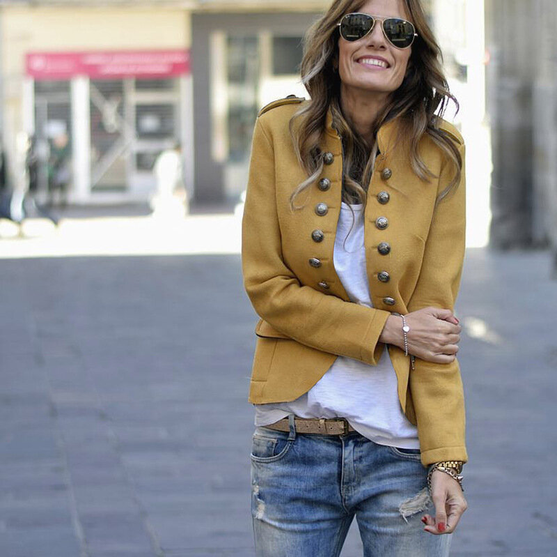 Jaket Retro trendi kancing dua baris, pengerjaan baik musim gugur musim dingin warna Solid mantel kasual ramping pakaian wanita