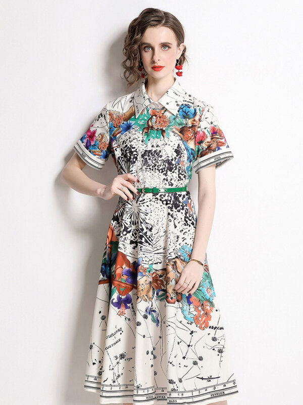 새로운 패션 싱글 브레스트 셔츠 드레스 빈티지 별자리 인쇄 a 라인 스커트 캐주얼 미디 롱 드레스, 여름 2022