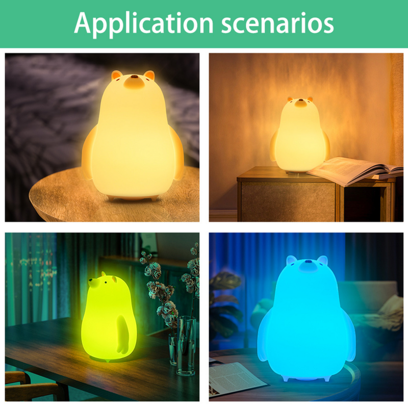 VnnZzo-밝기 조절 실리콘 USB 충전식 야간 조명, 어린이용 아기 선물 만화 동물 곰 모양 야간 램프