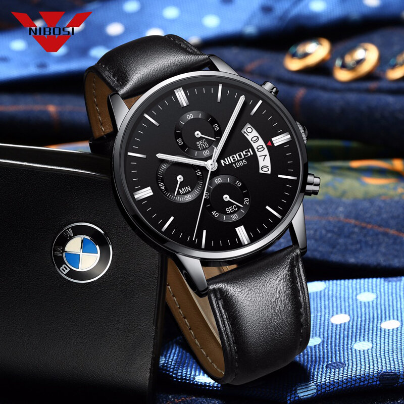NIBOSI Mens Watches Top Brand Luxury Leather Men Fashion Chronograph Quartz Watch Waterproof Sport Wristwatch Relogio Masculino