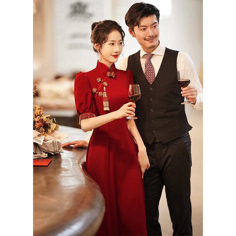 Китайский женский винно-красный летний Чонсам для свадьбы/помолвки-длинный стиль-пышные рукава (закрывают руки)-тонкий стиль