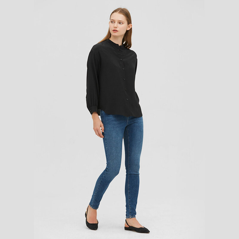 Camisa de seda de morera de 18mm para mujer, Top transpirable de manga larga, suelto, informal, elegante, blusa negra brillante