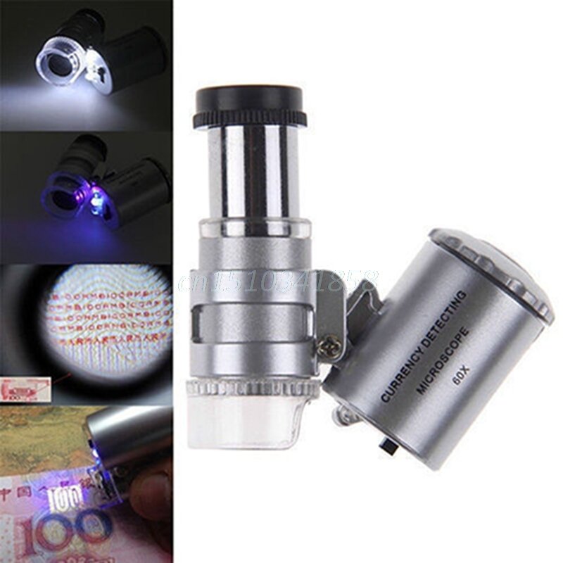 ใหม่ Mini 60X Jeweler Loupe แว่นขยายกล้องจุลทรรศน์เครื่องตรวจจับสกุลเงิน UV LED Light เครื่องมือเครื่องประดับ