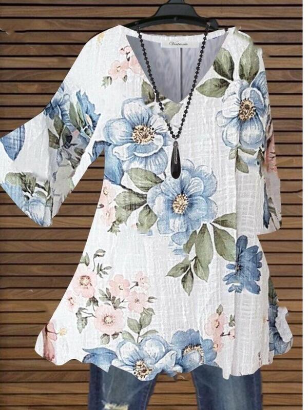 Pakaian wanita musim panas 2023 atasan S-5XL kaus wanita motif bunga longgar kasual blus y2K kerah V baru modis
