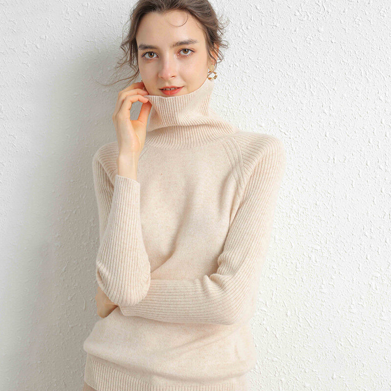 Camisola de gola alta feminina 100% lã de caxemira camisola de manga comprida outono inverno camisola de tricô feminino camisola pulôver feminino