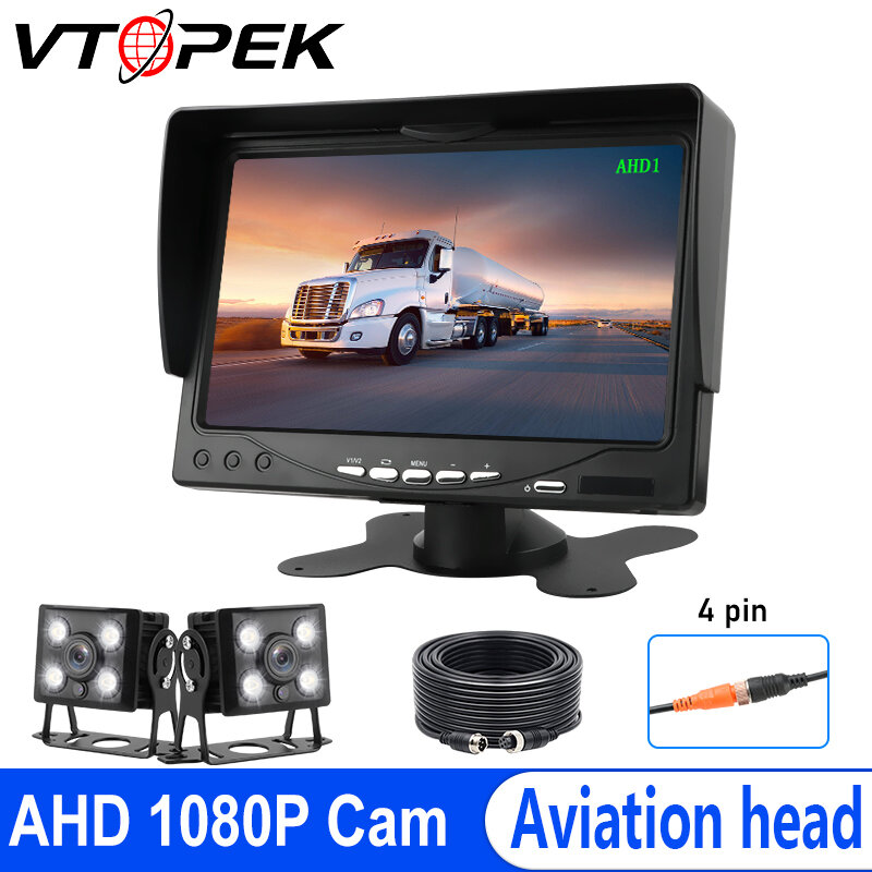 Vtopek-cámara de visión trasera para coche, Monitor AHD de 7 pulgadas, con pantalla de visión nocturna, resistente al agua, sistema de asistencia de estacionamiento inverso, para camión, autobús y autocaravana
