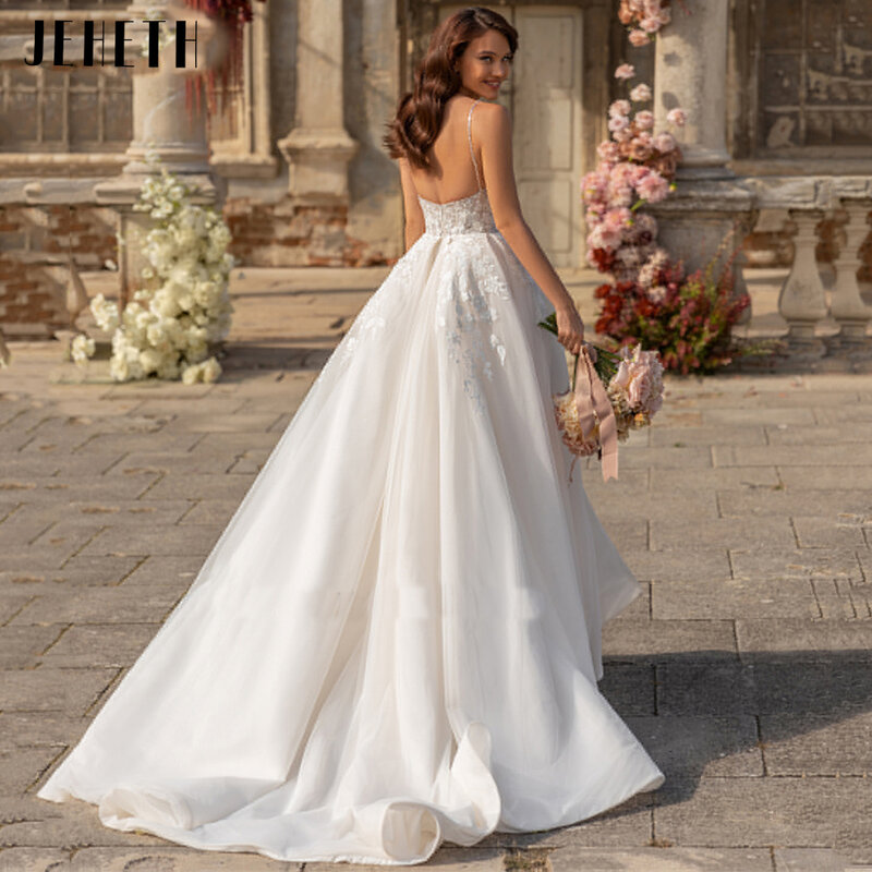 JEHETH – robe de mariée en Tulle style bohème, Sexy, bretelles Spaghetti, col en v, fente latérale, dentelle, dos nu