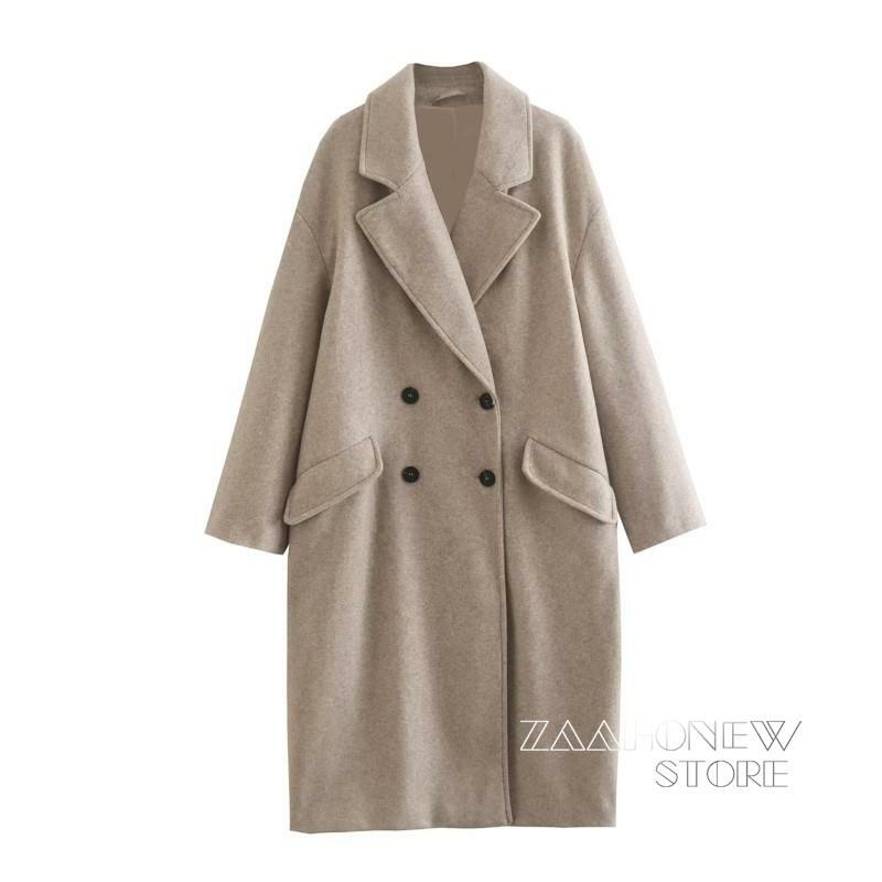 ZAAHONEW-캐주얼 루즈핏 모직 코트 여성용, 샌드 컬러 더블 브레스트 긴팔 윈드브레이커 겉옷, 2022 가을 겨울 상품