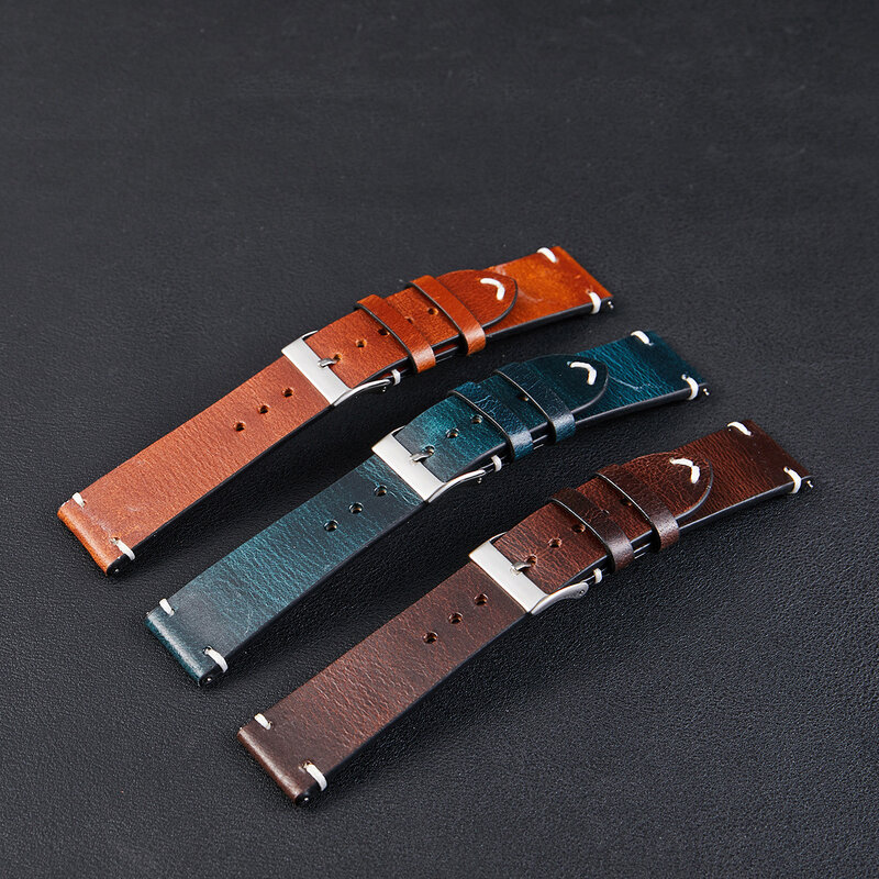Vintage Leather Watchband Dark Brown Green Distressed Oil Wax Leather Watch Strap  20mm 22mm Quick Release Watch Belt Cowhide