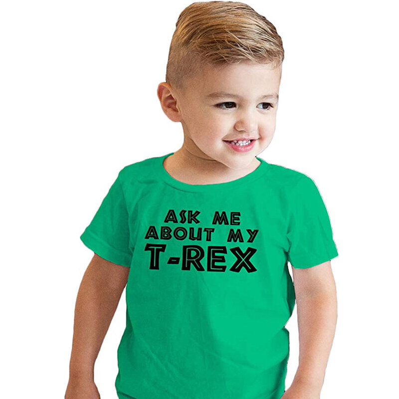 Zapytaj mnie o mój T Rex odwróć T Shirt dzieci koszula dinozaur graficzny Tee ubrania dla dzieci moda śmieszne dzieci chłopcy maluch koszula Plus rozmiar