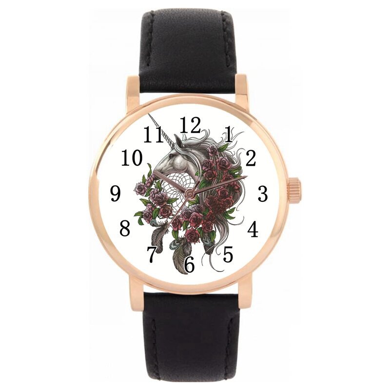 Jam tangan Digital wanita, arloji Unicorn kulit mawar emas hitam antik Quartz kuda mawar