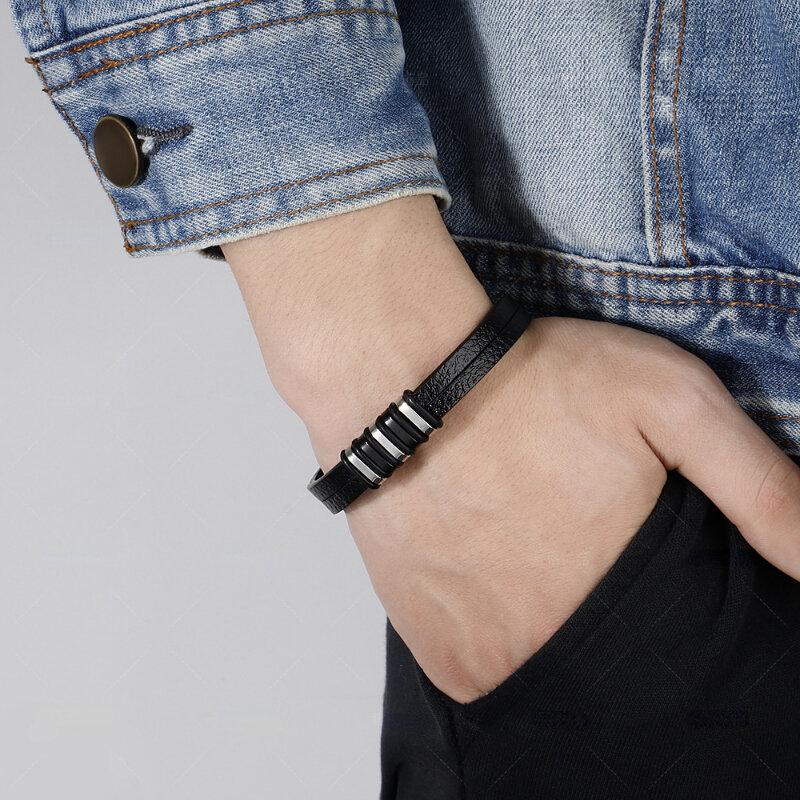 2022 masculino casual tendência pulseira de couro de aço inoxidável simples moda charme pulseira de couro