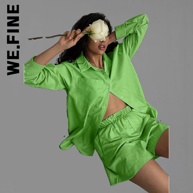 We.Fine 캐주얼 여성 짧은 세트 Tracksuit Loungewear 두 조각 여성 의상 긴 셔츠와 높은 허리 반바지 녹색
