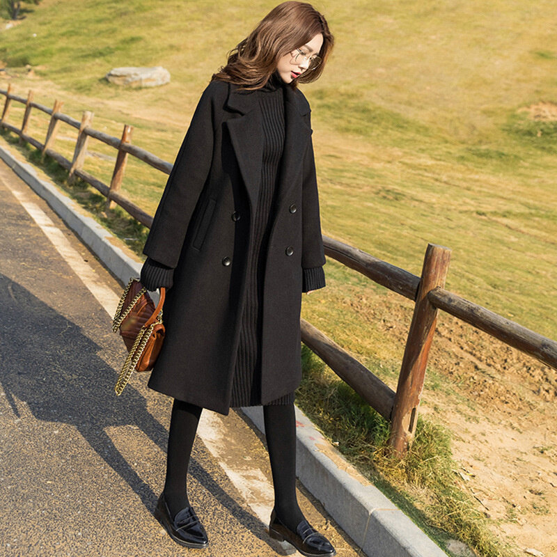한국 클래식 레트로 스타일 더블 브레스트 양모 코트 여성용, 신제품, 느슨한 중간 길이, 고품질, 2022 가을 겨울