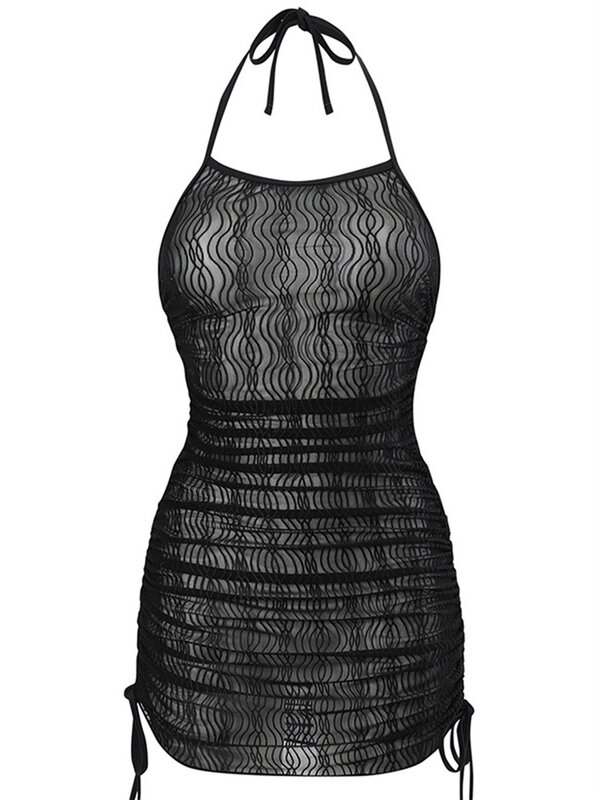 Women Bikini Cover Ups Bodycon Dress See Through Tie Up Halter Neck Sleeveless Backless Side Drawstring Mini Dress