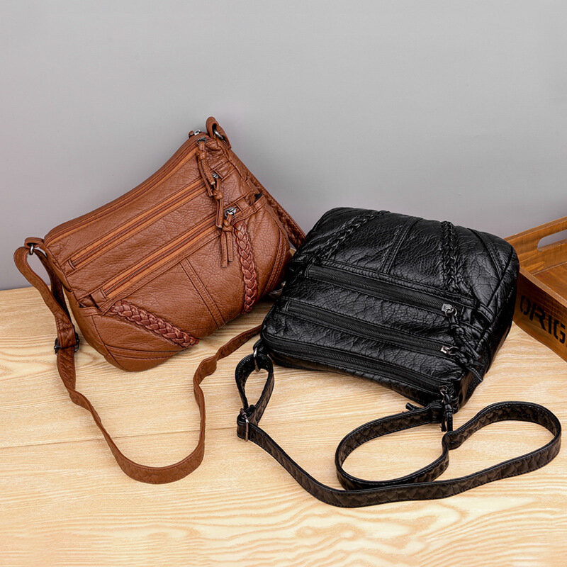 2023 New Designer Crossbody Bag Pu Leather Soft Messenger Bags for Ladies Zipper Wide Shoulder Strap Retro Woman Bag Female Bags