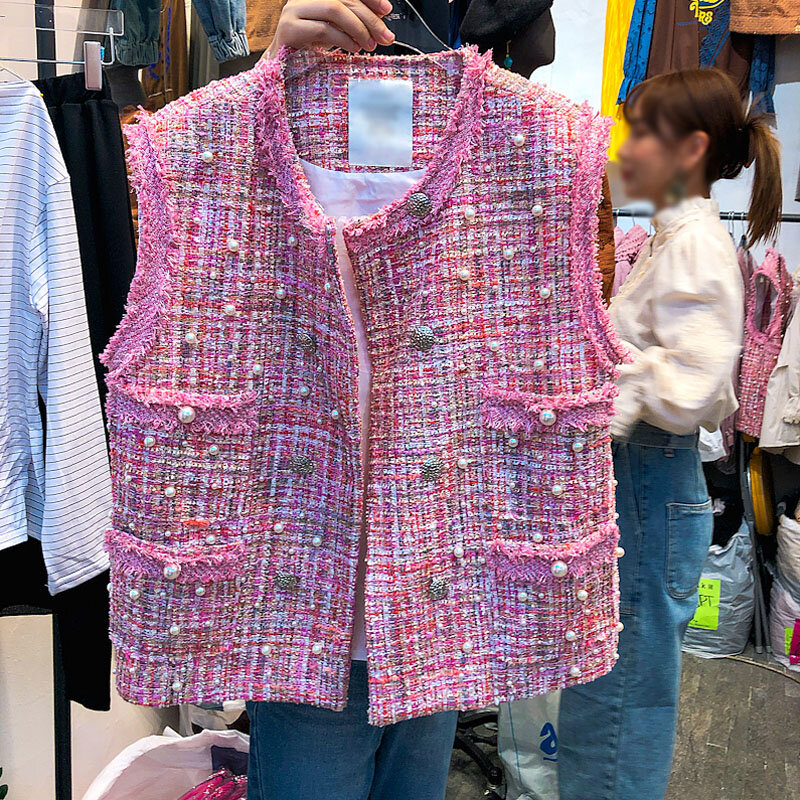 2023 outono novo all-matching fino ajuste cor sólida colete tweed pérola colete jaqueta colete das mulheres moda primavera cardigan outwear