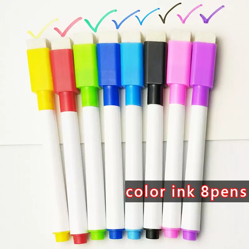 Drawing pen 8 Pcs/lot Colorful black School classroom Whiteboard Pen Dry White Board Markers Built In Eraser Student children's
