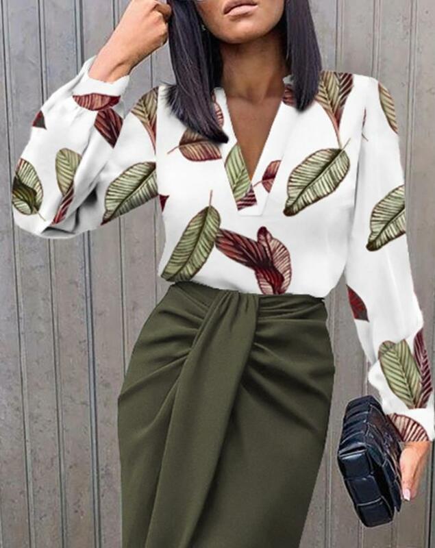 2023 Spring and Summer Women's Dress Fashion Leaf Print Long Sleeve Top&ruched Skirt Set Leisure Office