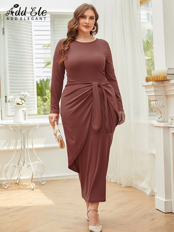 Dodaj elegancka Plus Size ołówkowa sukienka Bodycon Women 2022 jesienna podmiejska sznurowana konstrukcja O-Neck stylowa odzież z długim rękawem B800