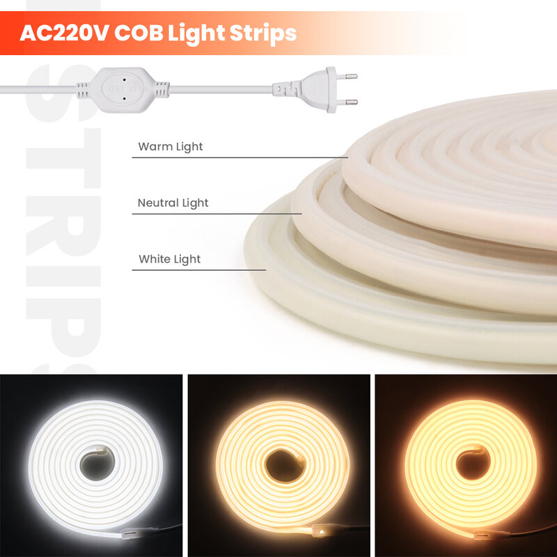 COB LED Strip 220V กันน้ำกลางแจ้ง Neon Sign ความหนาแน่นสูง288Leds LED Super Bright CRI90 COB ไฟ LED ริบบิ้น