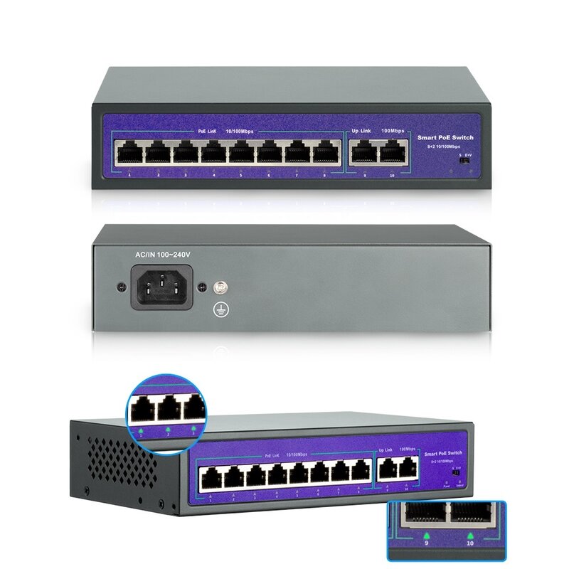Commutateur de caméra IP POE réseau 48V, avec Ports 4/8/16CH 10/100Mbps, IEEE 802.3 af/at sur Ethernet, système de caméra AP/CCTV sans fil