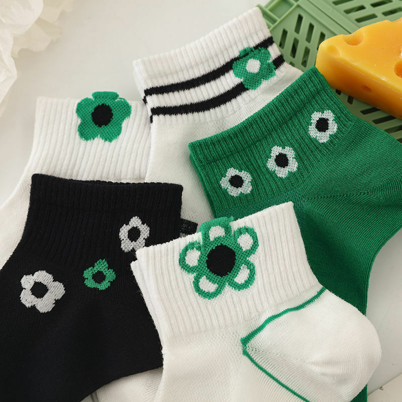 Short socks women's boat socks shallow mouth pure cotton spring and summer new flowers green college style cute boat socks
