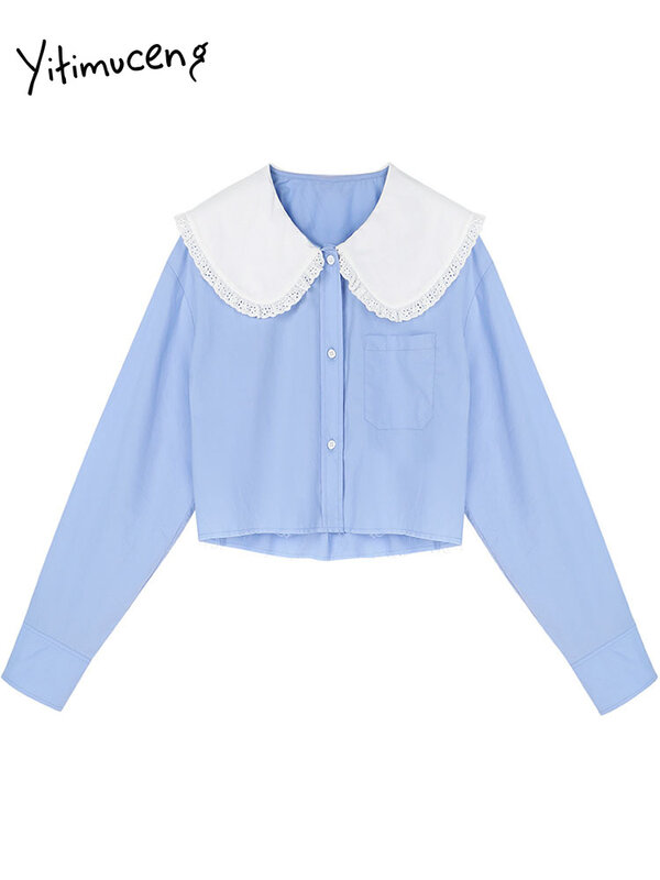 Ytimuceng botão acima da camisa de manga longa blusa feminina roupas vintage azul 2022 moda novas senhoras colheita topos bolsos algodão