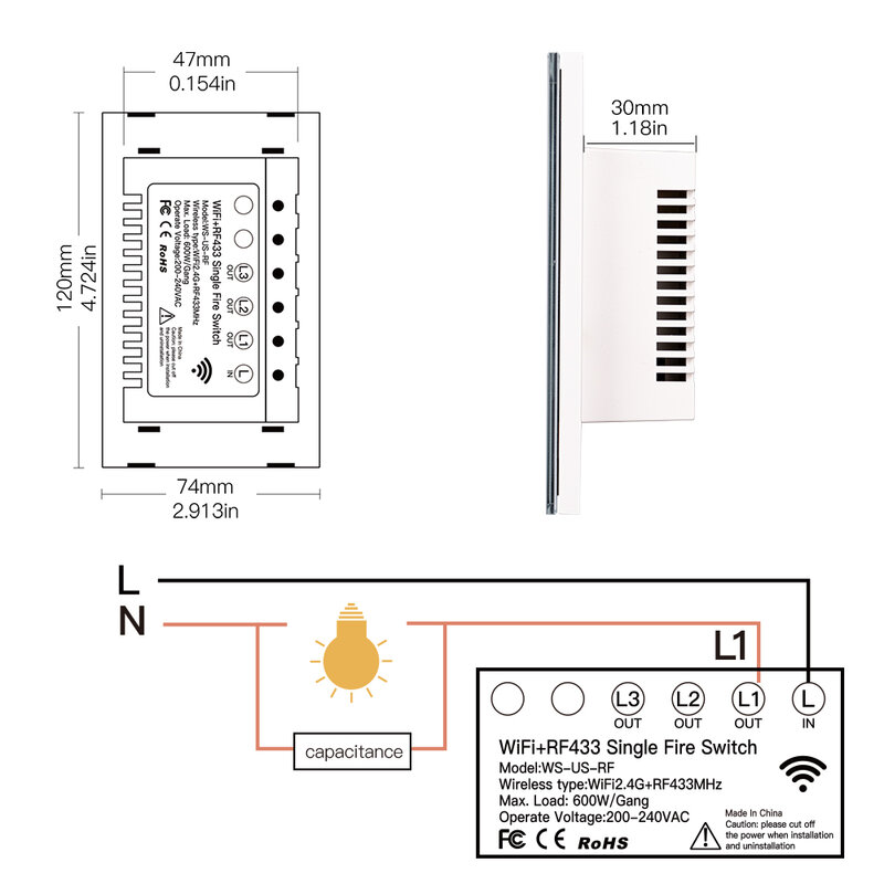 Nuovo interruttore WiFi Smart Light RF433 nessun filo neutro fuoco singolo Smart Life Tuya App Control funziona con Alexa Google Home 110V 220V