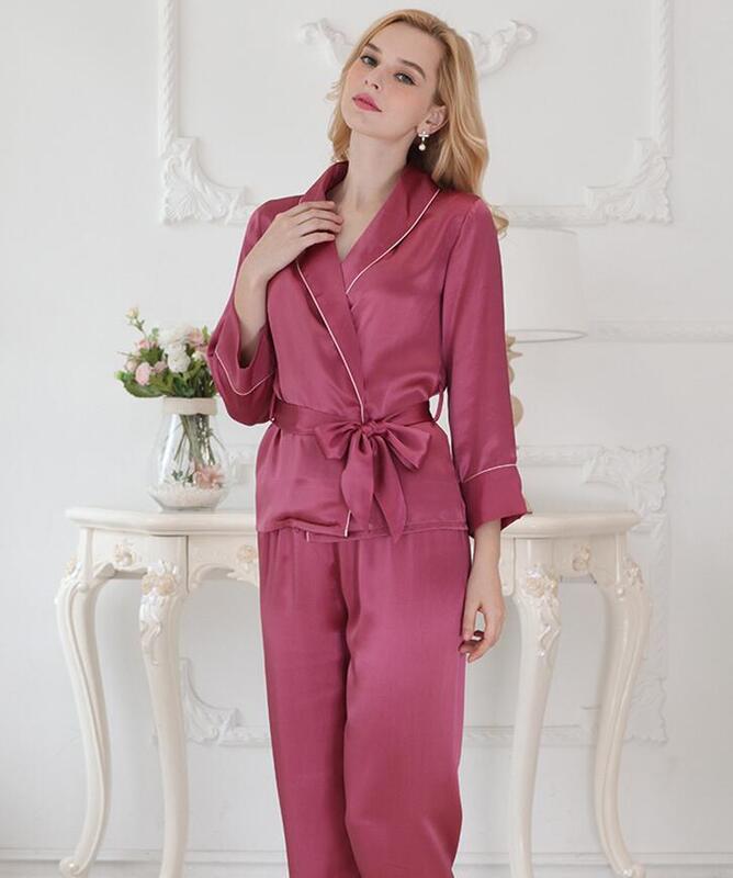 Conjunto de pijama de seda satinada 100% pura para mujer, ropa de dormir con cinturón, camisón M L XL, 16 momme