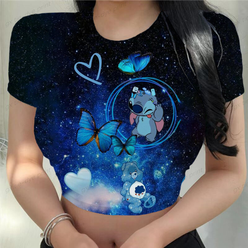 Disney odzież damska Sexy Y2k Slim Fit Kawaii lato Stitch Party moda kobieta bluzki 2023 mocno krótki Top t-shirty drukuj 3xl