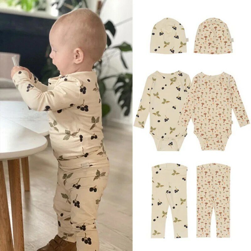 2022 Nieuwe Lente Baby Meisje Jongen Pyjama Sets Print Ronde Kraag Bodysuit + Paddestoel Blackberry Broek + Cap Pasgeboren Katoen kleding E1670