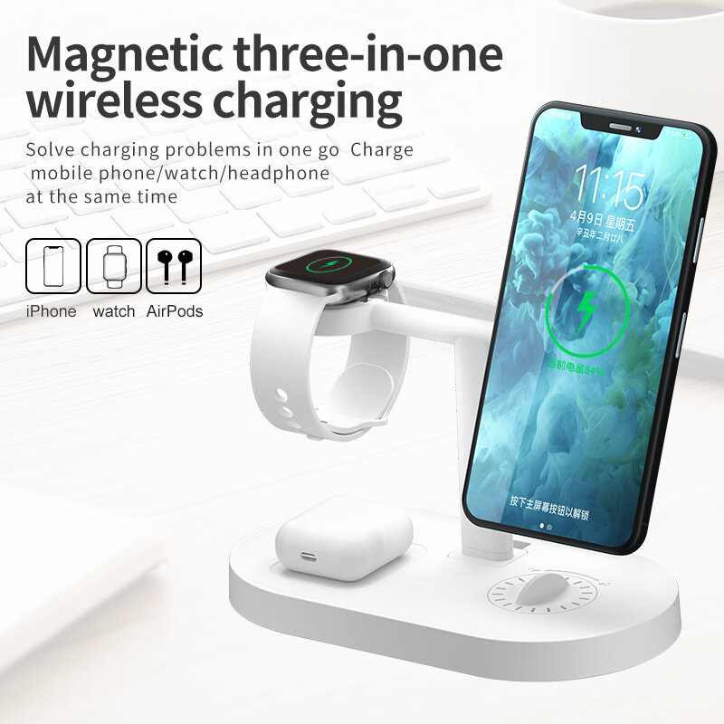 Ilepo Magnetische Charger 3 In 1 Bamboe Hout 15W Draadloze Oplader Station Snel Opladen Voor Mobiele Telefoon Smart Horloge oortelefoon