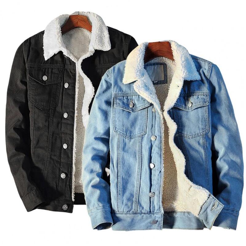 Мужская зимняя Осенняя джинсовая куртка, утепленная джинсовая куртка с внутренней флисовой подкладкой, мужская куртка с отложным воротник...