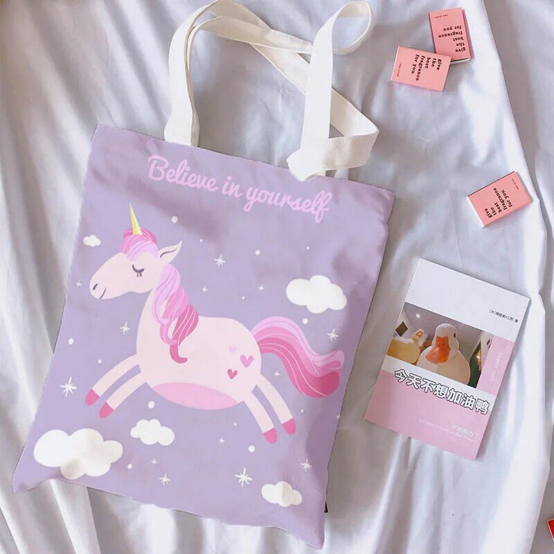 Fashion Unicorn Printing Canvas Handbag Girl Book Bag Pink Cute Cartoon Large Capacity Shopping Bag Travel Female Shoulder Bag