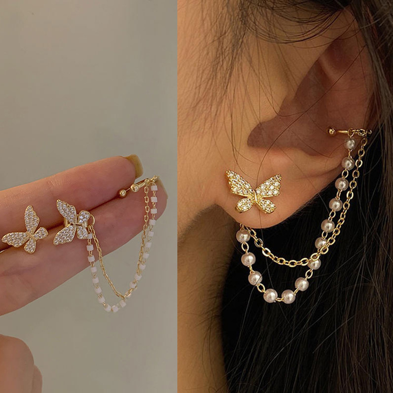 Boucles d'oreilles papillon en strass pour femmes et filles, élégantes, coréennes, mignonnes, à la mode, chaîne en métal, bijoux cadeaux