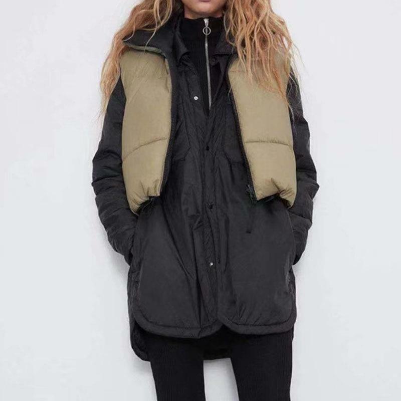 BM & ZA-하이넥 크롭트 조끼 캐주얼 민소매 재킷 여성용, 따뜻한 패션, 퍼프 조끼, 세련된 겨울 의상