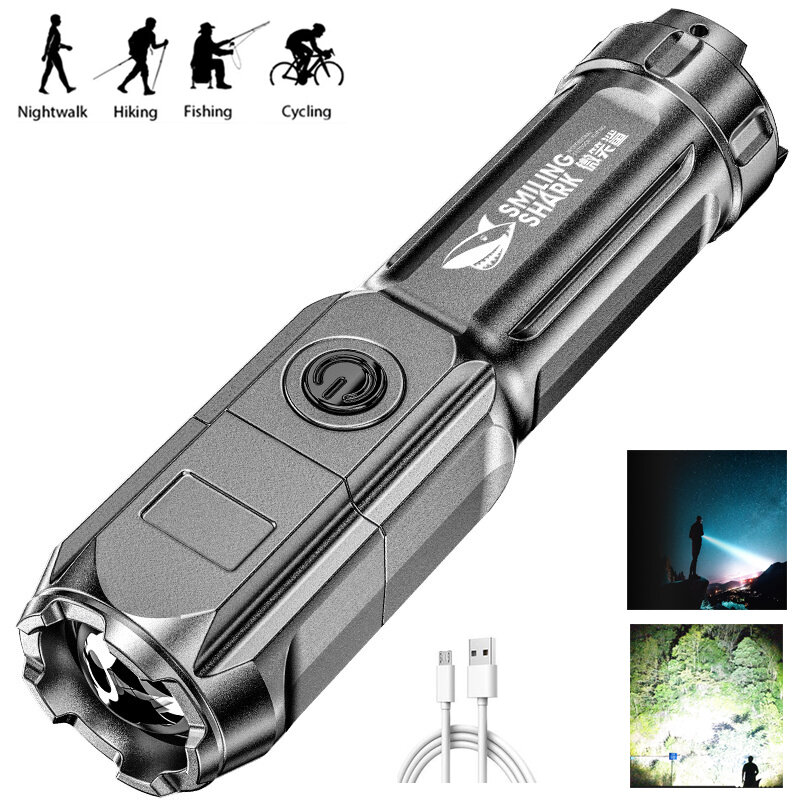 ABS Strong Light Focusing Flashlight Portable Rechargeable Flashlight Mountaineering Camping Fishing Outdoor Lighting Tools