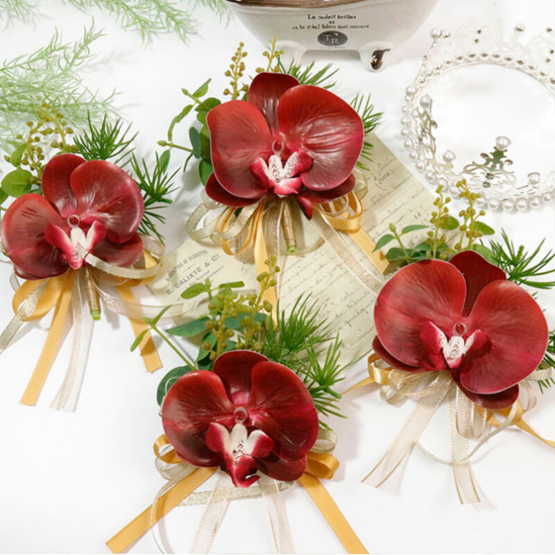 Phalaenopsis Corsage Artificial Flowers Wedding Pins Bride Brooch Wrist Corsage Bracelet Groom Ceremony Flower Party Home Decor