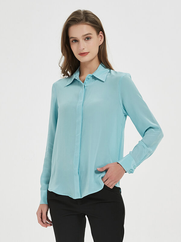 Escritório women100 % blusas de seda real temperamento sólido manga comprida botão básico topos senhoras formal chique camisas moda elegante