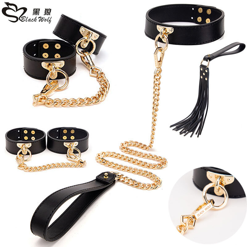 4 PCS Genuine Leather Erotic Sex Toys For Adult Game BDSM Sex Kits Bondage Set Handcuffs Whip Collar Women Sex Accessories