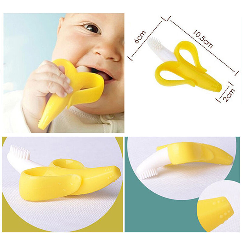 Cepillo de dientes de entrenamiento de silicona sin BPA para niños, mordedor seguro con forma de plátano, juguetes para morder para bebés, anillo de dentición