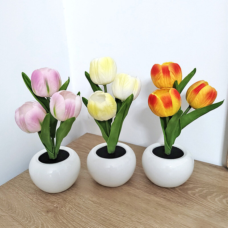 Luz LED de noche con forma de tulipán para decoración del hogar, maceta de flores, lámpara de mesa, ambiente de dormitorio